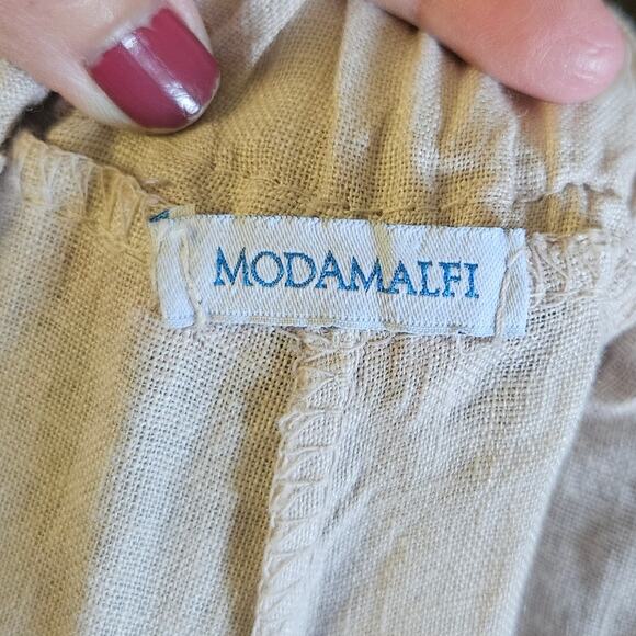 MODAMALFI Pant Women Small Beige Linen Straight Leg Pull-On Elastic Waist Casual - Picture 6 of 10